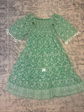 Anthropologie Me 2 Magic Green Floral Maxi Dress with Tassel Trim